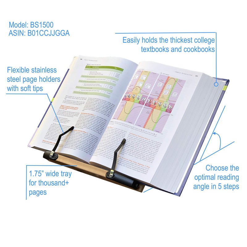 A+ Book Stand BS1500 11.8x8.5 Portable Adjustable Foldable Bookstand Holder for Reading Hands Free Large Thick Heavy Textbooks Cookbooks Tablets - Image 2